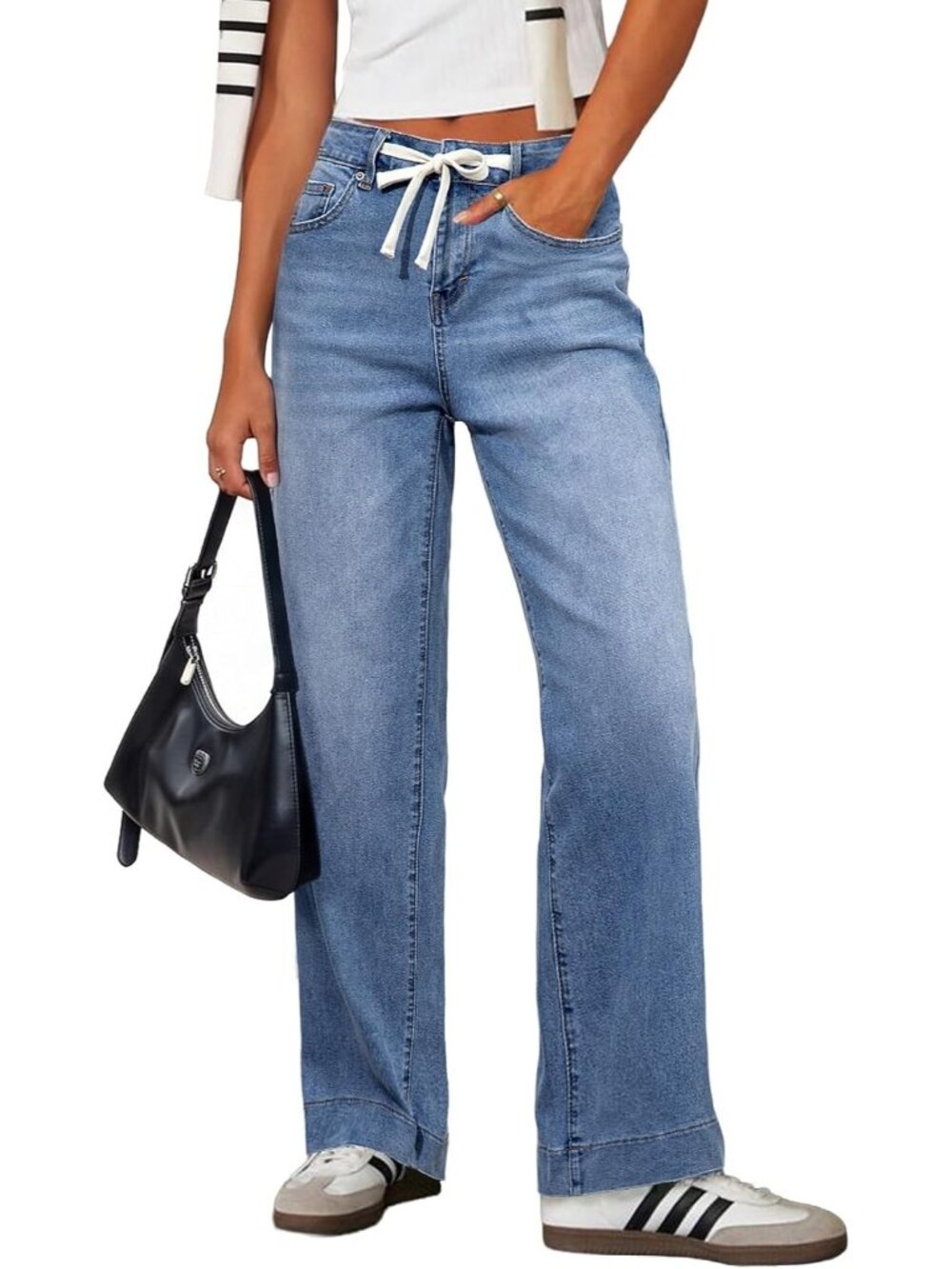 Women's Light Blue High Waisted Straight Leg Adjustable Drawstring Denim Pant
